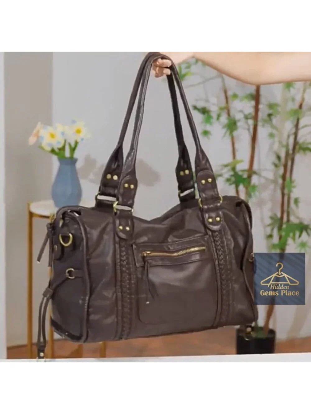 Washed Vegan Leather Hobo Tote Bag with Removable Straps